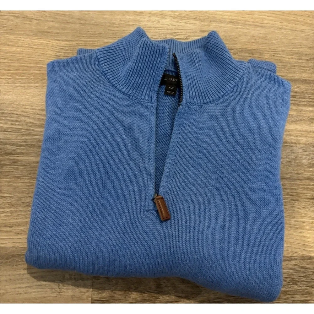 J.Crew Men's Blue Cotton Cashmere Knit Pullover Sweater Mock Neck 1/4 Zip XLT